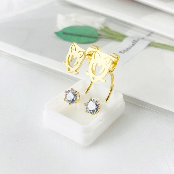 Золотистые стальные серьги-джекеты в форме сов с сияющими фианитами 1J10378CJJ