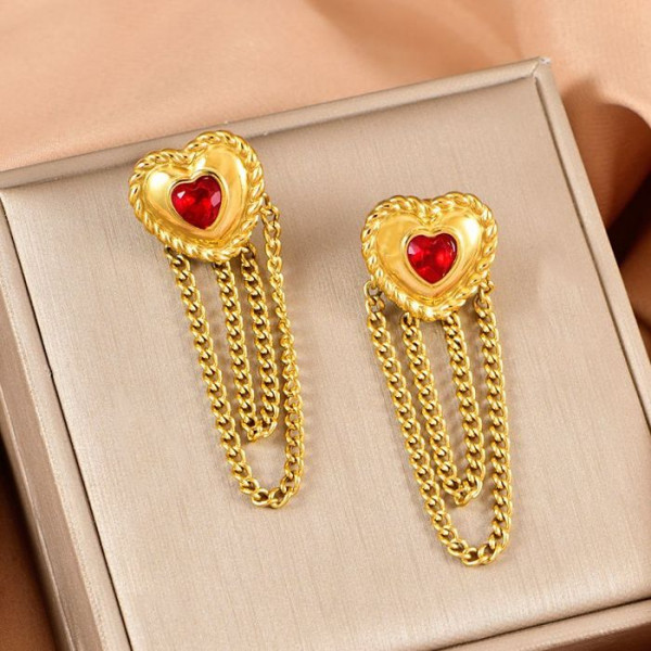 Серьги Висячие Сердца с красным кристаллом и цепями CJL34032