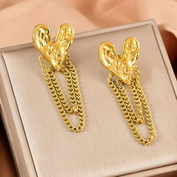 Серьги Висячие Сердца с красным кристаллом и цепями CJL34032