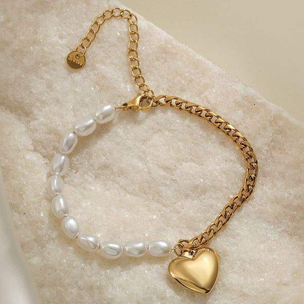 Браслет комбинированный с жемчугом и подвеской-сердцем CJL92063
