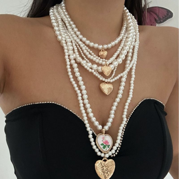 Многоярусное жемчужное ожерелье с каскадом сердец CJS97389