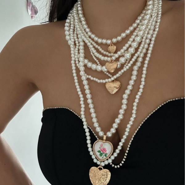 Многоярусное жемчужное ожерелье с каскадом сердец CJS97389