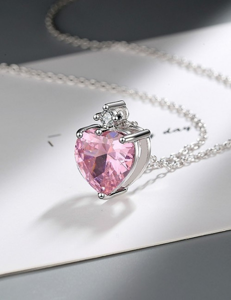 Серебристая Цепочка с крупным сияющим сердцем розового цвета R87973