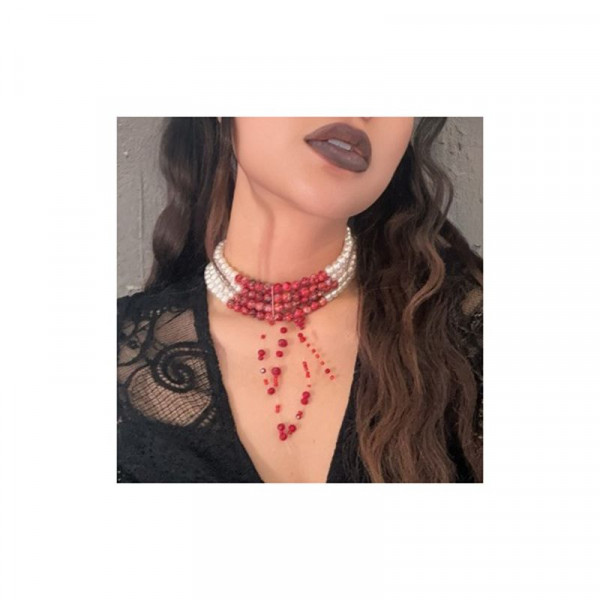 Двойное колье из жемчуга с красными каскадными подвесками CJJ27564