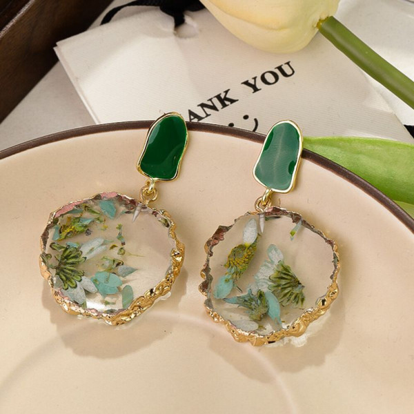 Висячие серьги с натуральными сухоцветами в круглой оправе CJH50879