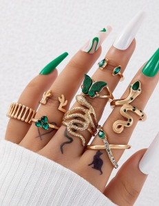 Золотистый сет колец со змеями и зелеными кристаллами U73235