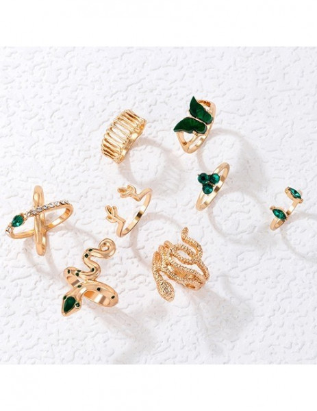 Золотистый сет колец со змеями и зелеными кристаллами U73235