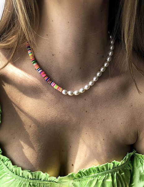 Двусоставные Бусы из жемчуга и разноцветных дисков W17795MSK