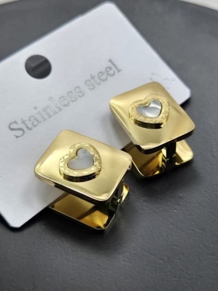 Золотистые металлические серьги-пусеты с перламутровым сердцем 1J10618CJJ