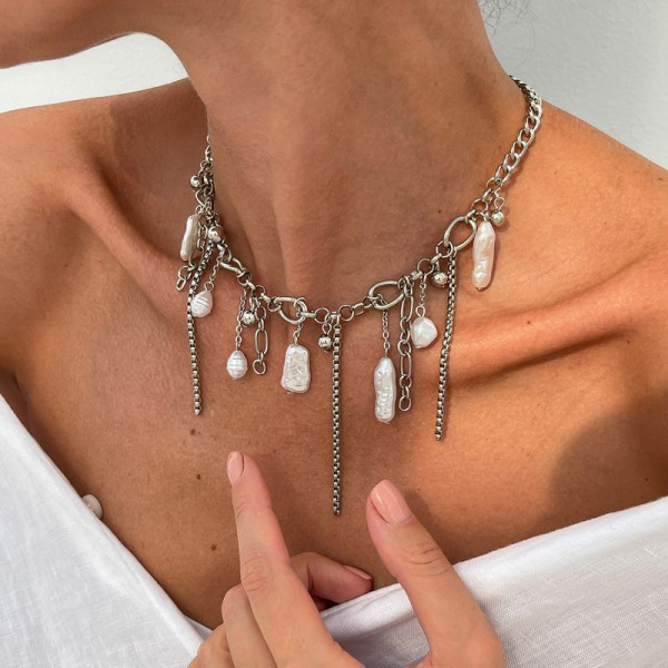 Авангардное колье с барочным жемчугом и цепями 1J12213CJJ