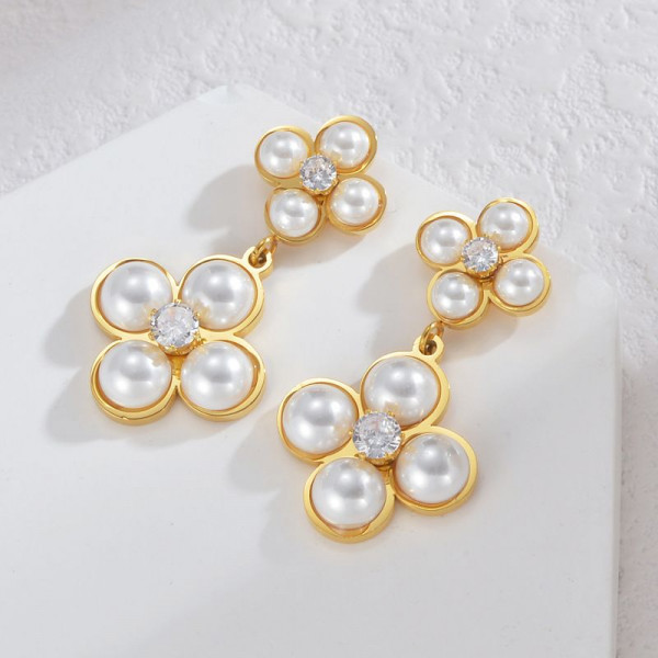 Серьги Висячие Клевер четырехлистник с жемчугом CJL35110