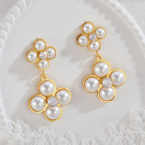 Серьги Висячие Клевер четырехлистник с жемчугом CJL35110