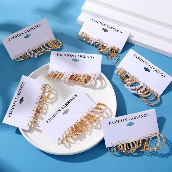 Многослойный сет золотистых серег конго и пусет с жемчужной инкрустацией CJC88975