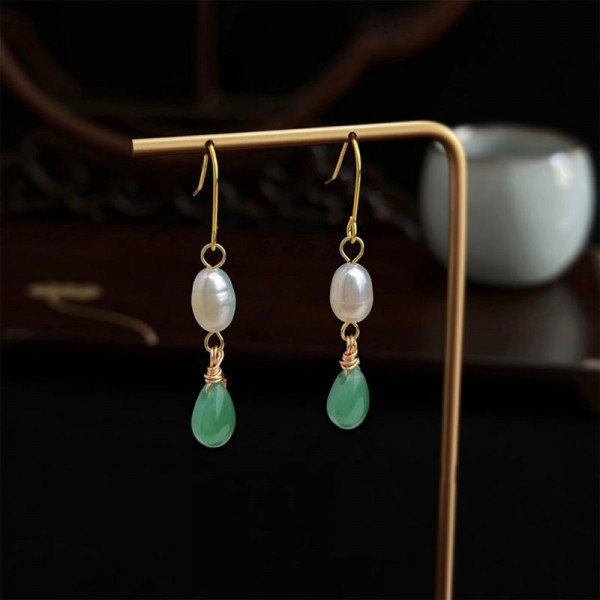Тонкие серьги-петли с жемчугом и мятными каплями CJQ20338