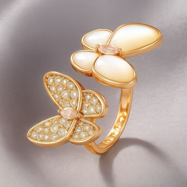Двойное кольцо с бабочками из перламутра и фианитов 1J12077CJJ