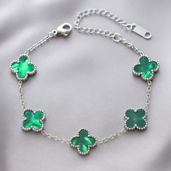 Браслет с изумрудными вставками клевера на серебристой цепи 1J12155CJJ