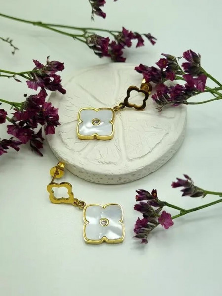 Висячие стальные серьги с белым перламутровым клевером J10225CJJ