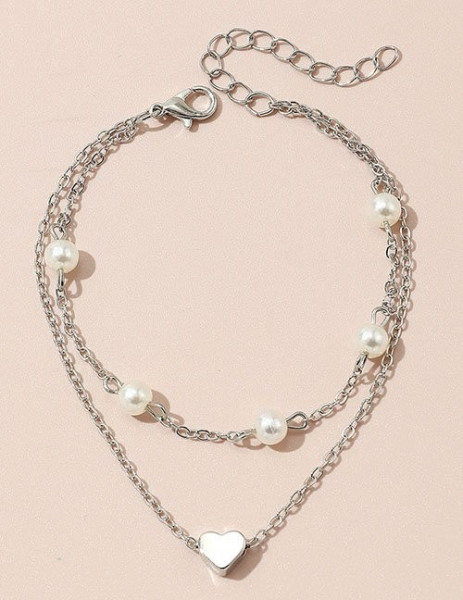 Браслет на ногу двухрядный с сердцем и жемчугом Z34322