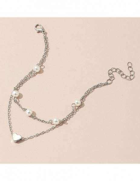 Браслет на ногу двухрядный с сердцем и жемчугом Z34322