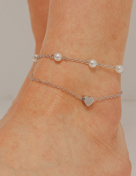 Браслет на ногу двухрядный с сердцем и жемчугом Z34322