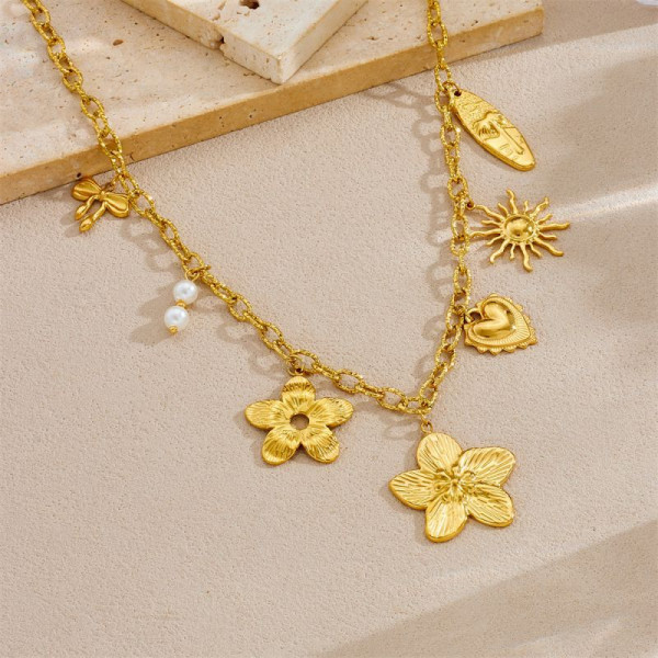 Золотистая многофункциональная цепь с цветами и сердцами CJP55839