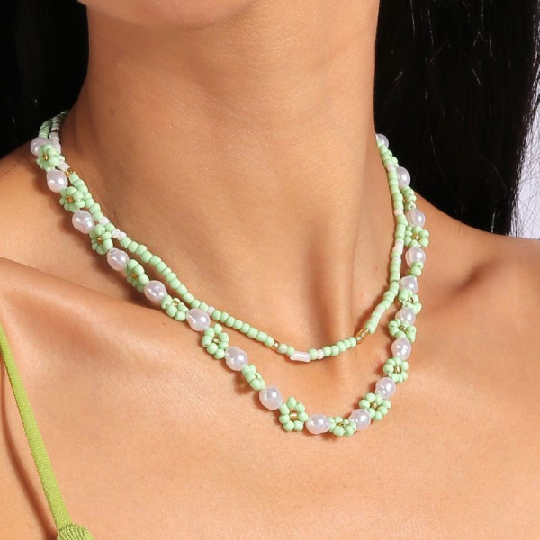 Двойные многослойные бусы из белого жемчуга разного диаметра CJG44096