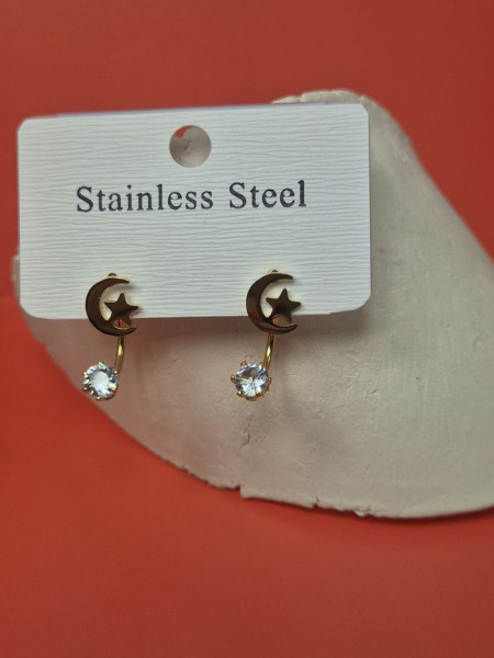 Золотистые стальные серьги-джекеты Луна и звезда с кристаллами 1J11516CJJ