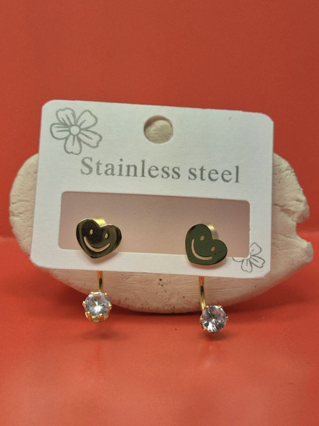 Золотистые стальные серьги-джекеты в форме сердец со смайлами и кристаллами 1J11517CJJ