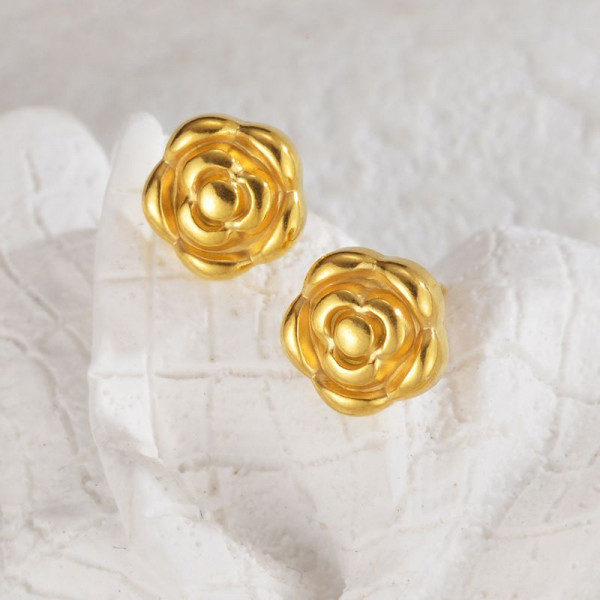 Серьги-пусеты Розы объемные золотистые CJL35118
