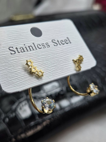 Золотистые стальные серьги-джекеты Созвездие с фианитами 1J11518CJJ