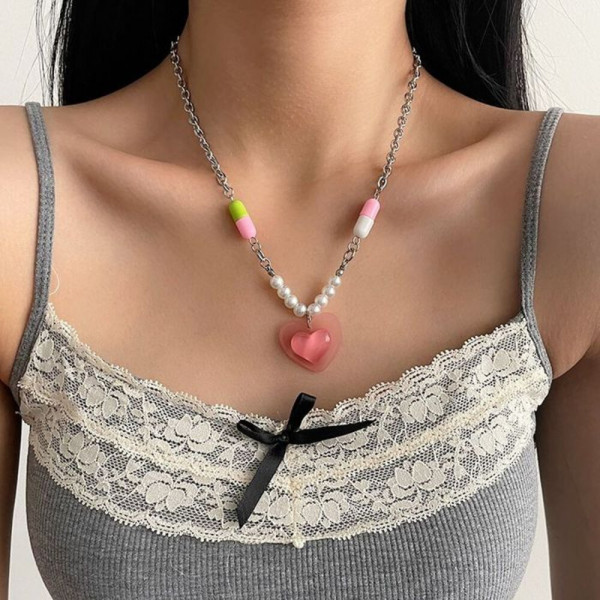 Тонкая цепочка с розовым сердцем и бусинами CJJ22314