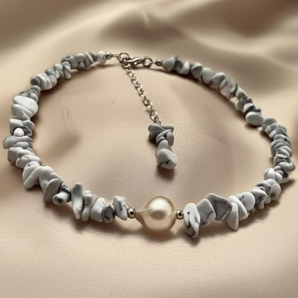 Бусы из серого камня с жемчужным акцентом 1J11937CJJ