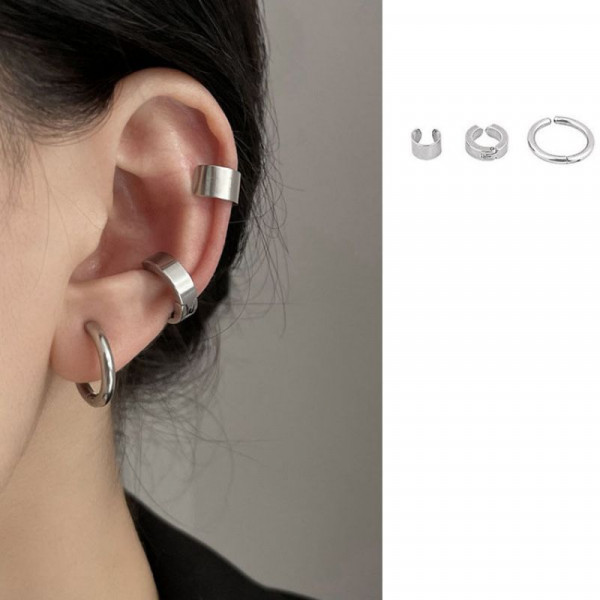 Набор базовых серебристых каффов и серег конго в стиле минимализм CJH69954
