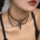 Двойной черный чокер с подвеской-крестом и кристаллами CJH55827