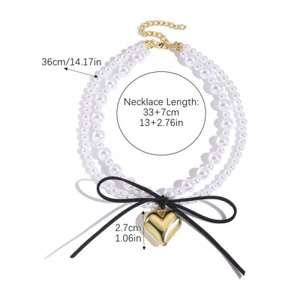 Многослойный чокер из белого жемчуга с черным бантом и золотистым сердцем CJN31869