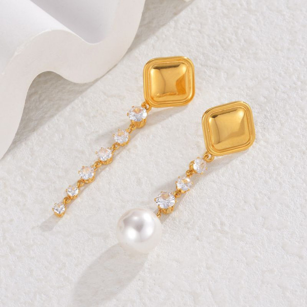 Серьги Висячие Ромбы на цепочке с жемчугом CJL35122