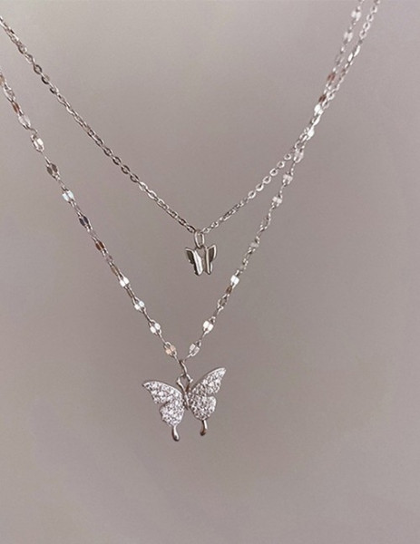 Двойная серебристая цепочка с кулоном в форме бабочки L11545