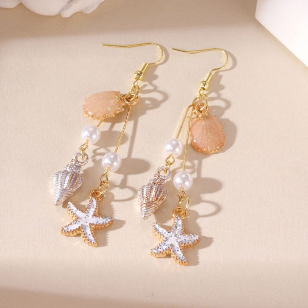 Длинные серьги в морском стиле с ракушками и звездами CJN97540