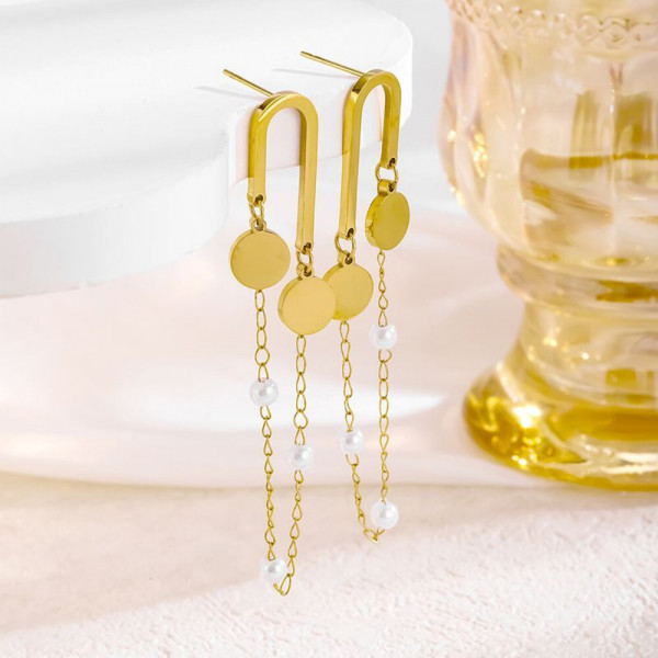 Золотистые серьги-петли с цепочками CJH86244