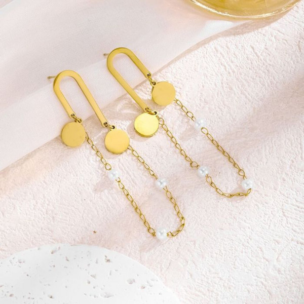 Золотистые серьги-петли с цепочками CJH86244