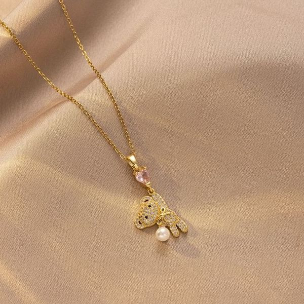 Золотистая цепочка с мишкой и жемчугом CJL34088