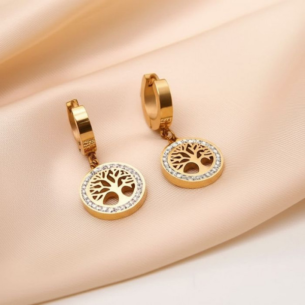 Стальные серьги-подвески с дисками «Древо жизни» в стразах J10016CJJ