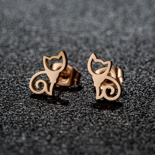 Стальные серьги-пусеты Кошки в цвете розовое золото 1J11360CJJ