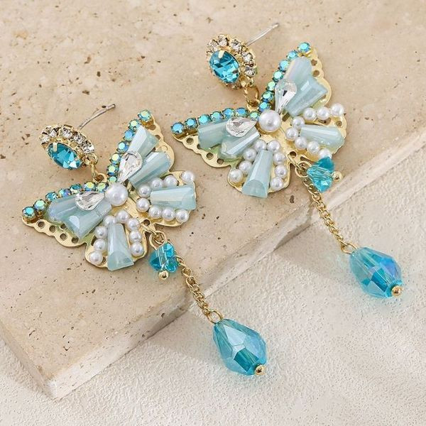 Нарядные серьги в форме бабочек с голубыми кристаллами CJL17008