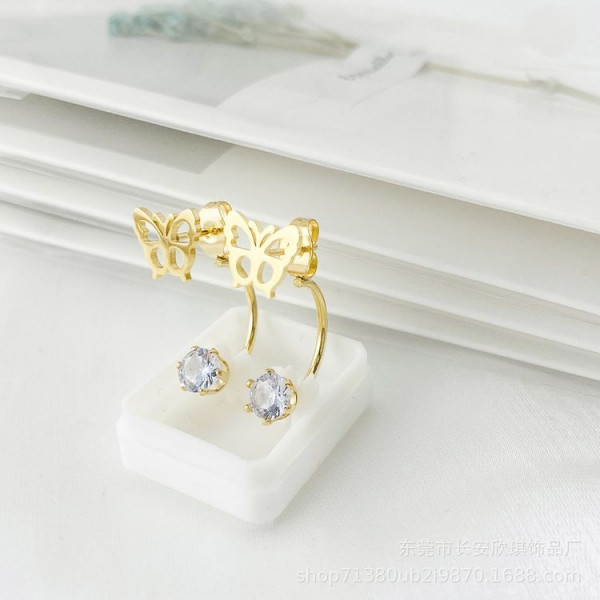 Золотистые стальные серьги-джекеты с ажурными бабочками и кристаллами 1J11524CJJ