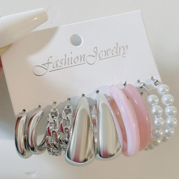 Набор массивных серебристых серег пусет с акриловыми вставками нежно розового цвета CJG33638