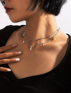 Двойная серебристая цепочка со звездными подвесками Q67093