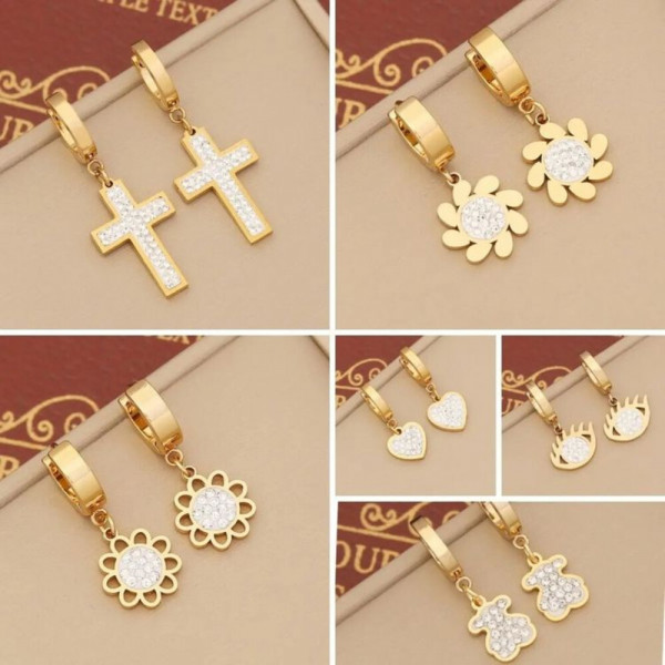 Стальные серьги-конго с напылением золотом подвеска медведь стекло J10258CJJ