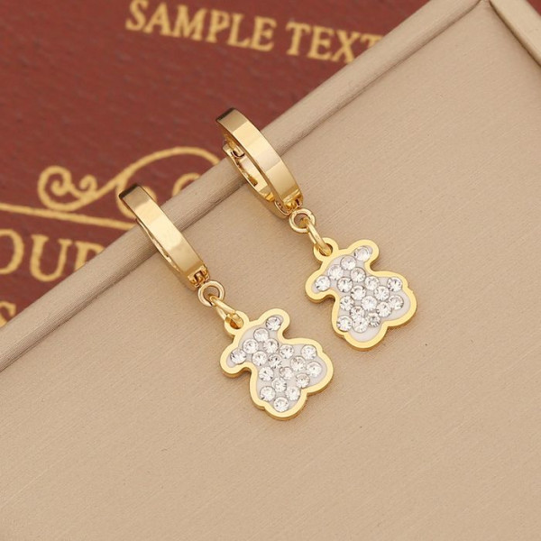 Стальные серьги-конго с напылением золотом подвеска медведь стекло J10258CJJ