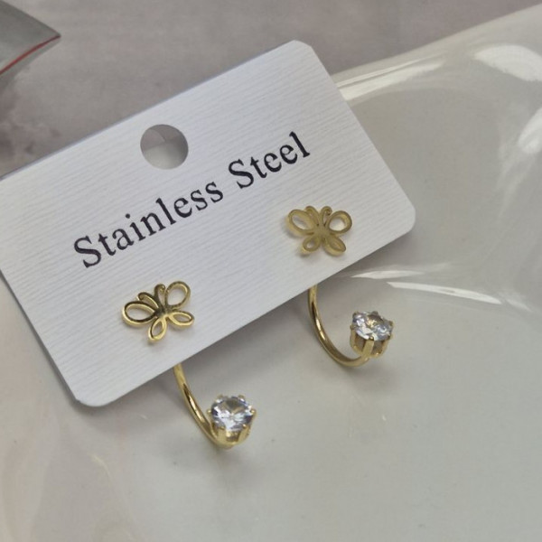 Золотистые стальные серьги-джекеты с бабочками и стразами 1J11526СJJ